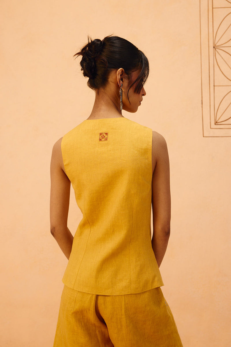 Golden Daydream Linen Waistcoat linen jacket/overlay by SUI in mustard for women in Singapore