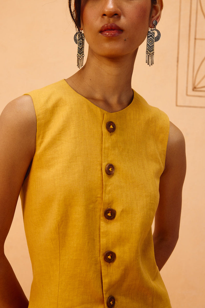 Golden Daydream Linen Waistcoat linen jacket/overlay by SUI in mustard for women in Singapore