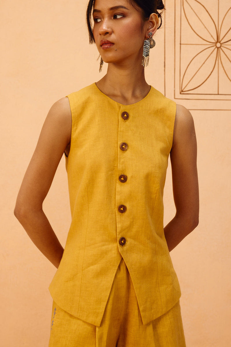 Golden Daydream Linen Waistcoat linen jacket/overlay by SUI in mustard for women in Singapore
