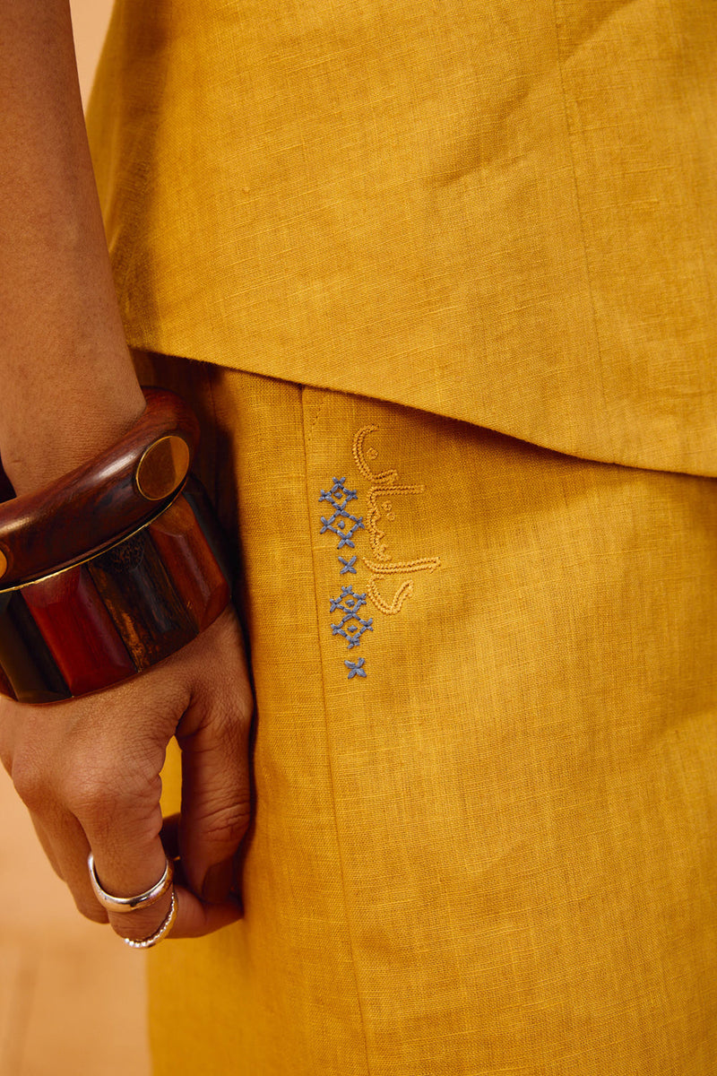 Golden Daydream Linen Waistcoat linen jacket/overlay by SUI in mustard for women in Singapore