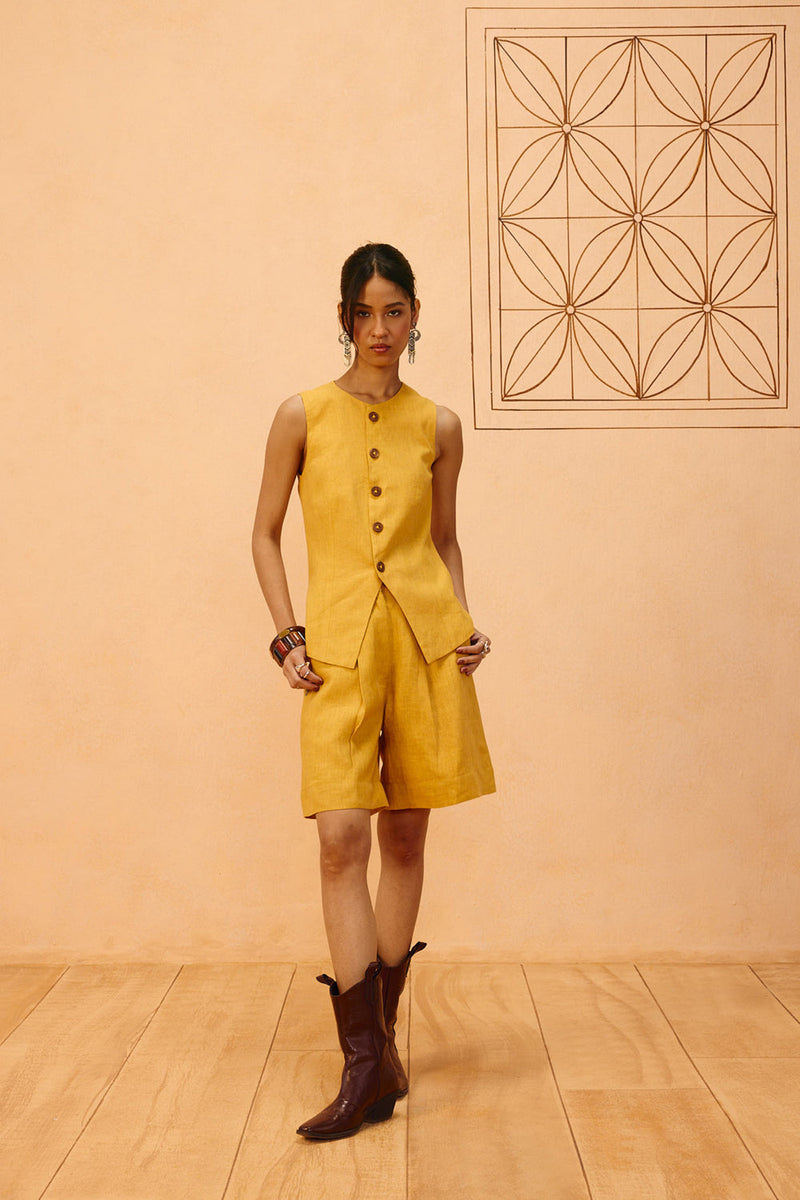 Golden Daydream Linen Waistcoat linen jacket/overlay by SUI in mustard for women in Singapore