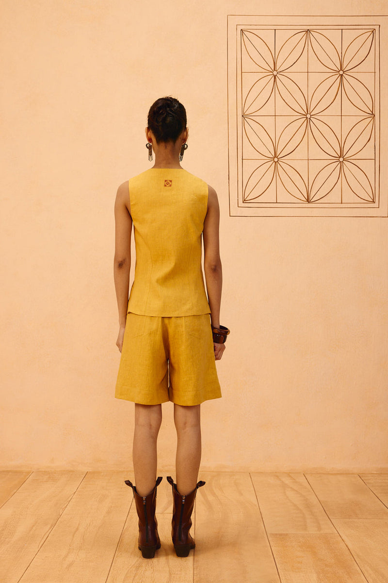 Golden Daydream Linen Waistcoat linen jacket/overlay by SUI in mustard for women in Singapore