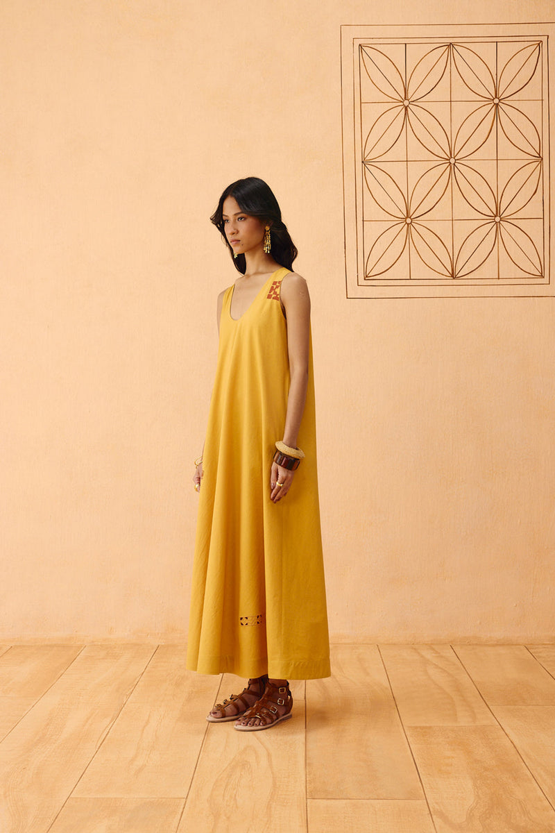 Golden Ghar Organic Cotton Maxi Dress poplin dress by SUI in mustard for women in Singapore