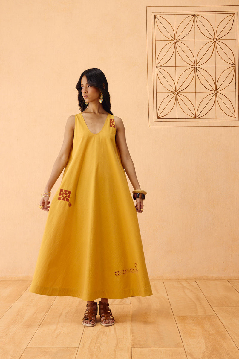 Golden Ghar Organic Cotton Maxi Dress poplin dress by SUI in mustard for women in Singapore