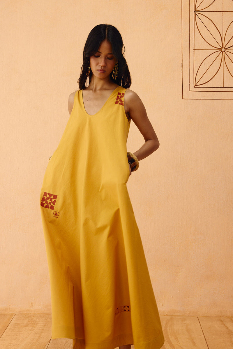 Golden Ghar Organic Cotton Maxi Dress poplin dress by SUI in mustard for women in Singapore