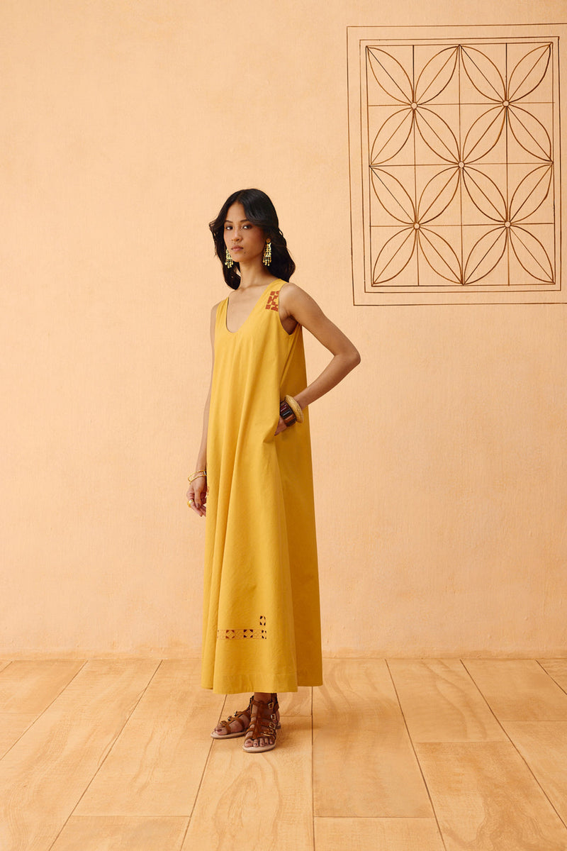 Golden Ghar Organic Cotton Maxi Dress poplin dress by SUI in mustard for women in Singapore