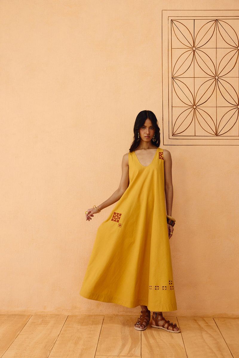 Golden Ghar Organic Cotton Maxi Dress poplin dress by SUI in mustard for women in Singapore