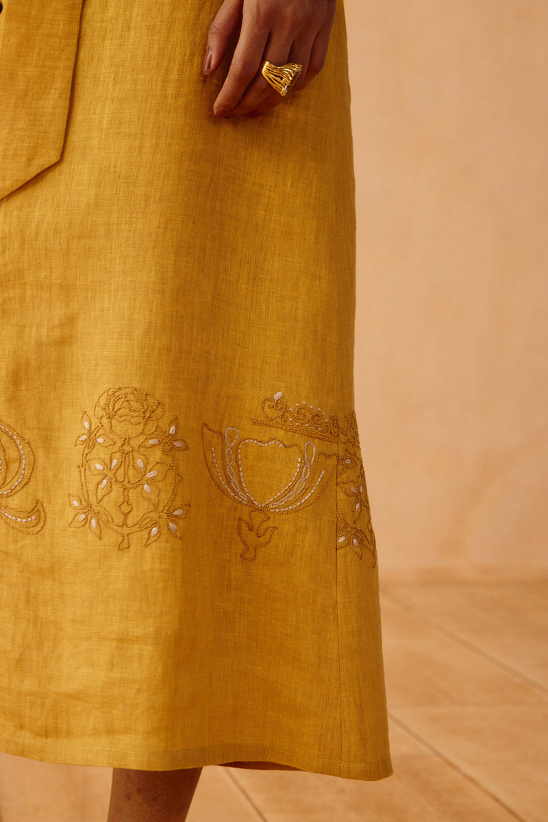 Golden Palm Linen Maxi Dress linen dress by SUI in mustard for women in Singapore