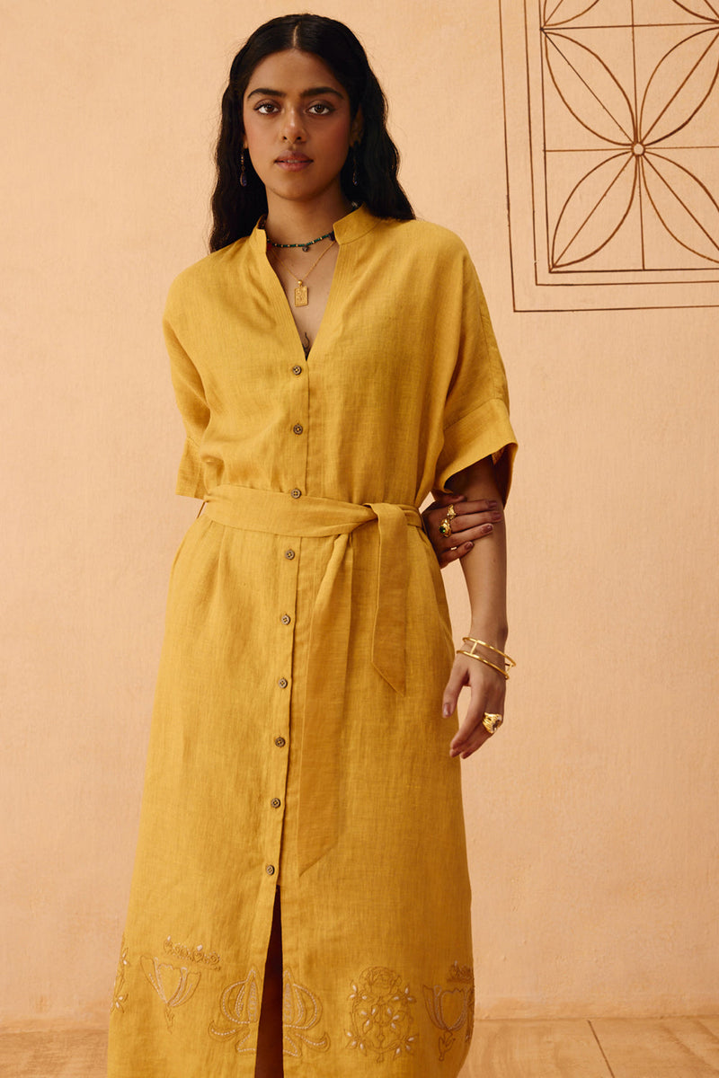 Golden Palm Linen Maxi Dress linen dress by SUI in mustard for women in Singapore