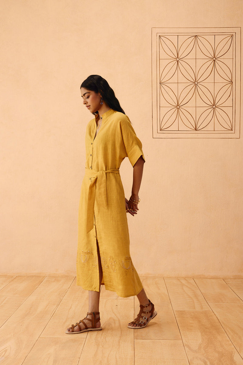 Golden Palm Linen Maxi Dress linen dress by SUI in mustard for women in Singapore
