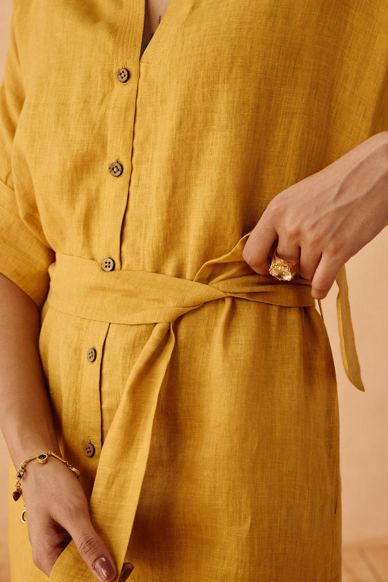Golden Palm Linen Maxi Dress linen dress by SUI in mustard for women in Singapore