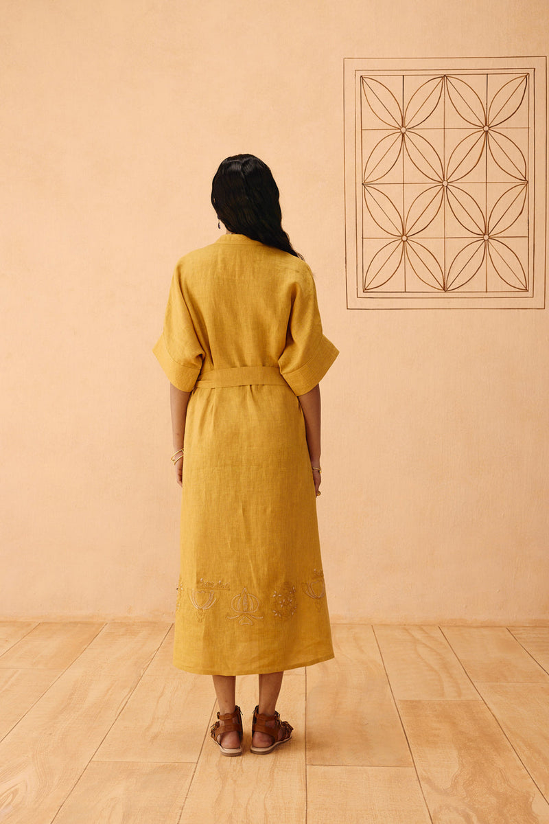 Golden Palm Linen Maxi Dress linen dress by SUI in mustard for women in Singapore