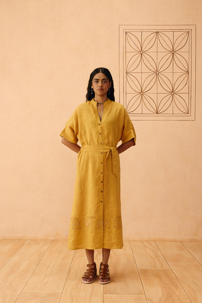 Golden Palm Linen Maxi Dress linen dress by SUI in mustard for women in Singapore