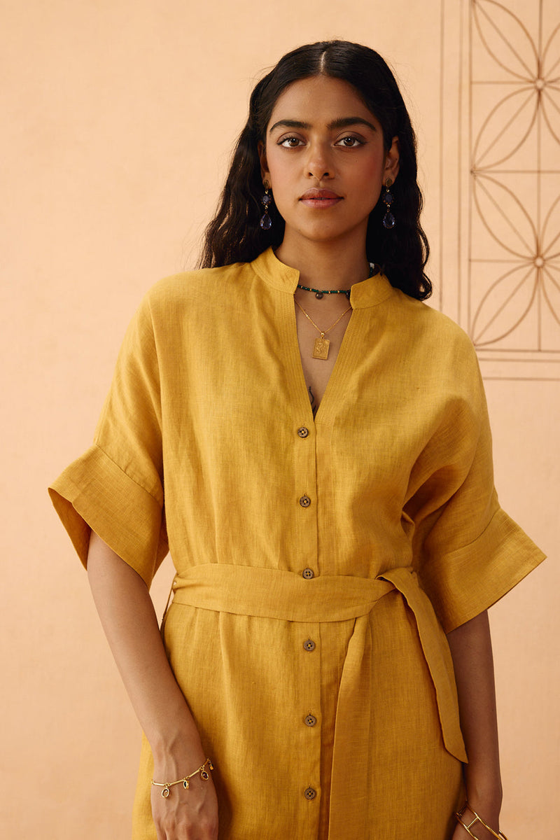 Golden Palm Linen Maxi Dress linen dress by SUI in mustard for women in Singapore