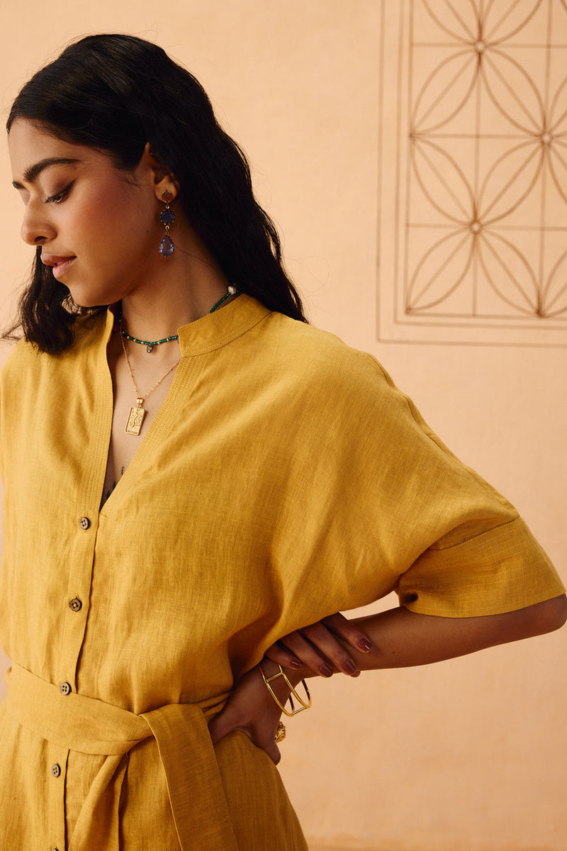 Golden Palm Linen Maxi Dress linen dress by SUI in mustard for women in Singapore