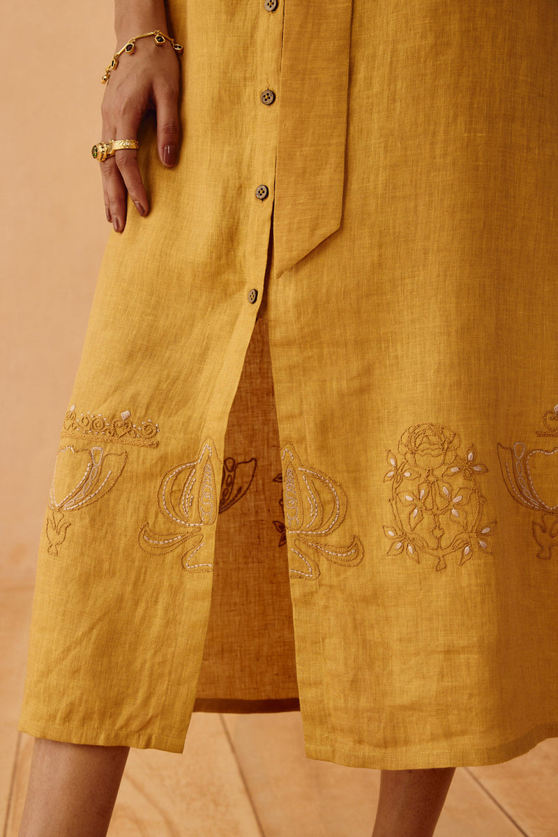 Golden Palm Linen Maxi Dress linen dress by SUI in mustard for women in Singapore