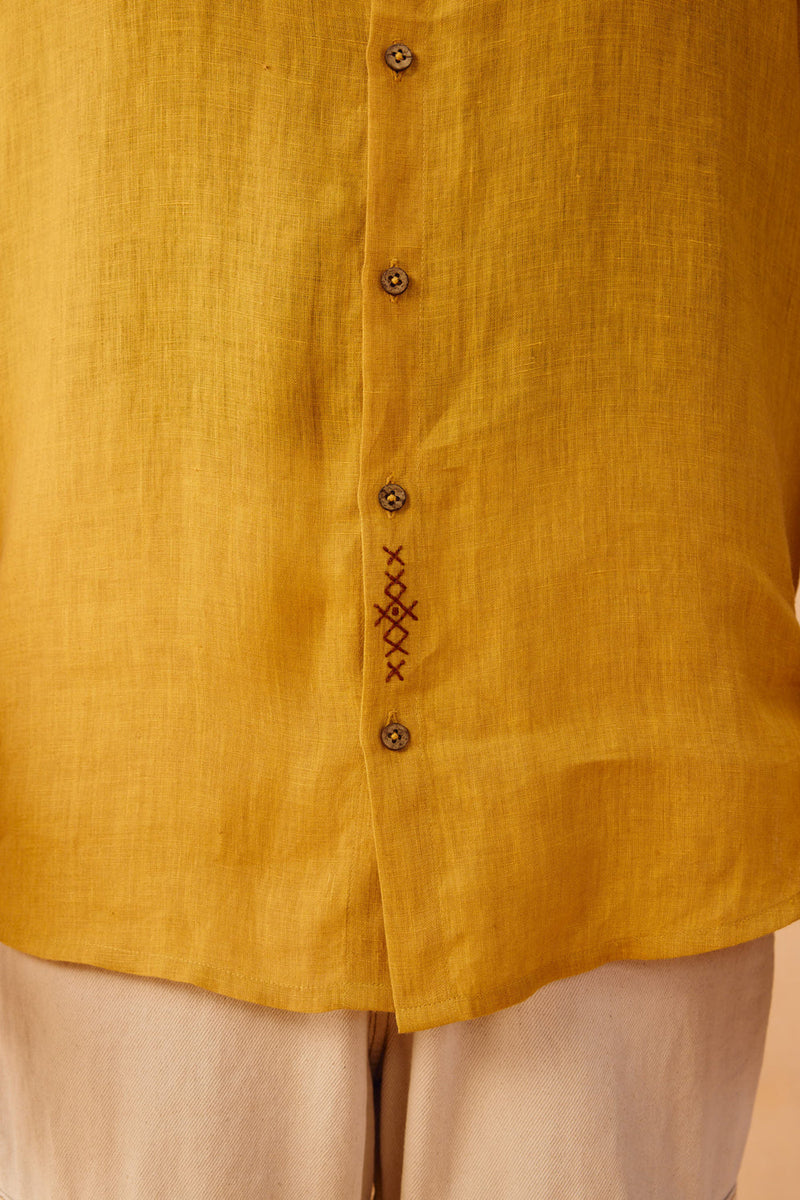 Golden Palm Men's Linen Shirt linen top/shirt by SUI in mustard for women in Singapore