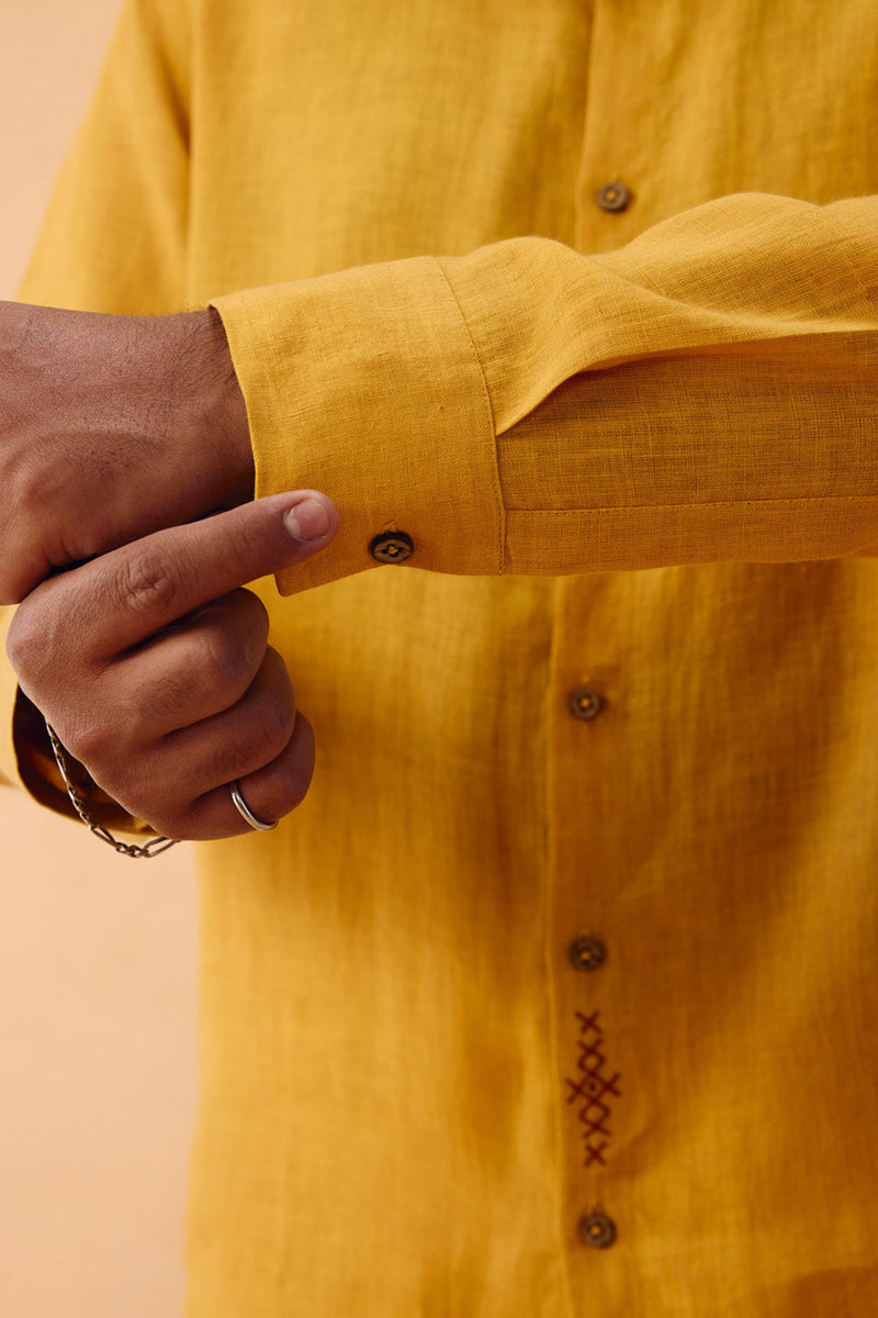 Golden Palm Men's Linen Shirt linen top/shirt by SUI in mustard for women in Singapore