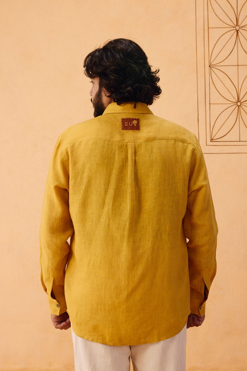 Golden Palm Men's Linen Shirt linen top/shirt by SUI in mustard for women in Singapore