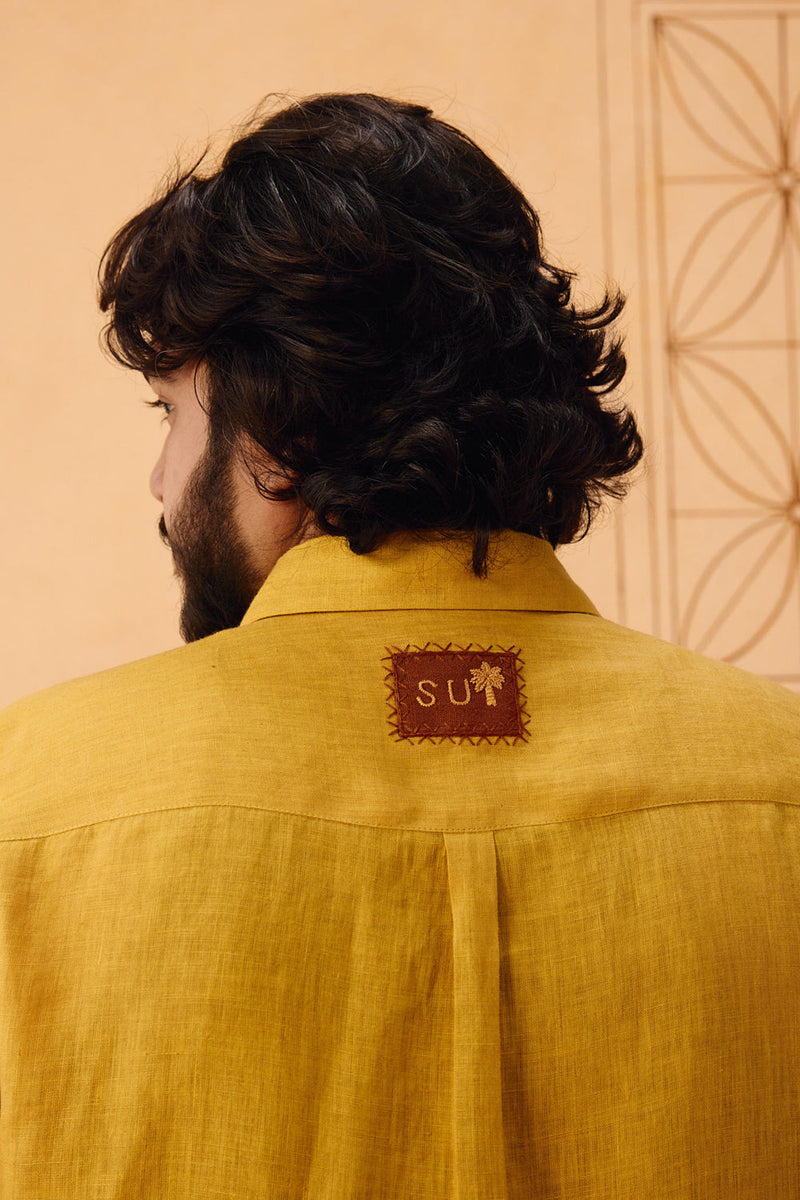 Golden Palm Men's Linen Shirt linen top/shirt by SUI in mustard for women in Singapore