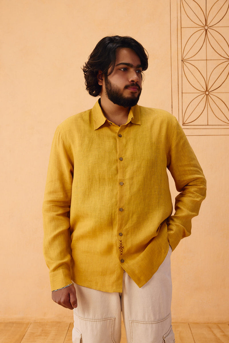 Golden Palm Men's Linen Shirt linen top/shirt by SUI in mustard for women in Singapore