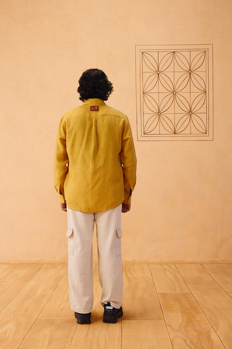 Golden Palm Men's Linen Shirt linen top/shirt by SUI in mustard for women in Singapore