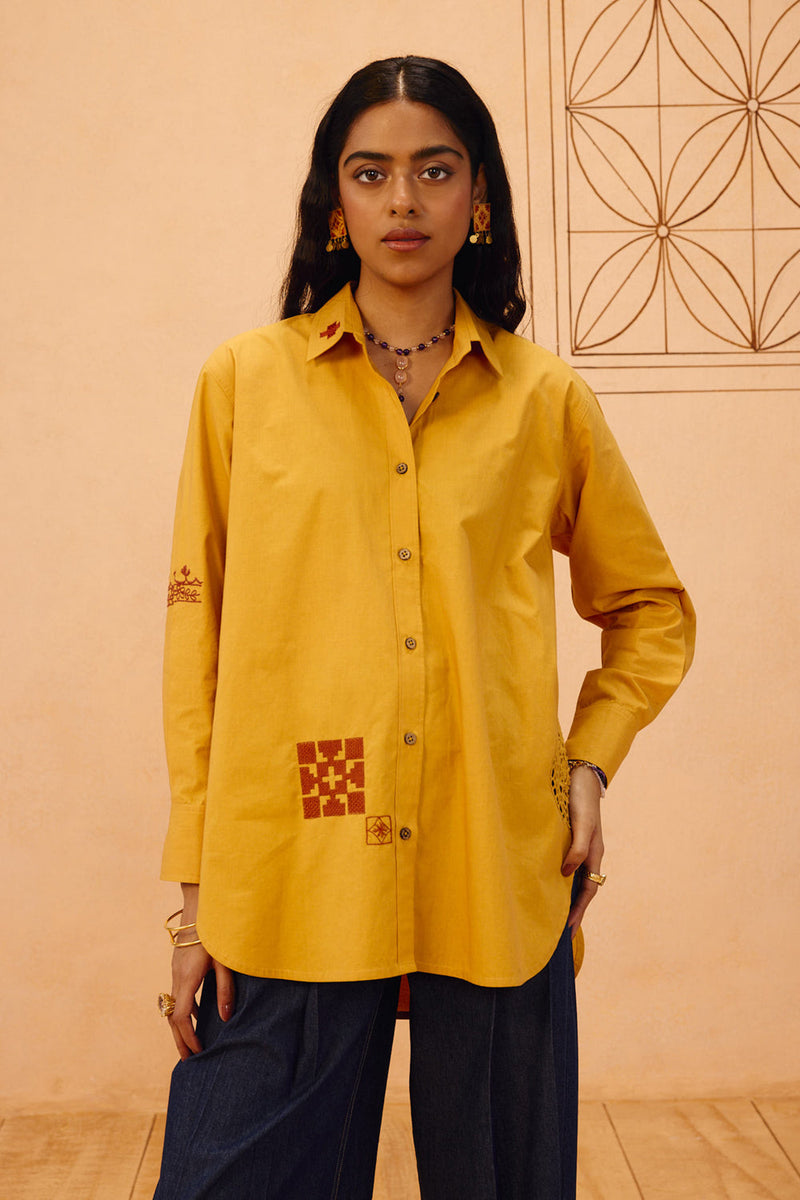 Golden Patterns Organic Cotton Shirt poplin top/shirt by SUI in mustard for women in Singapore