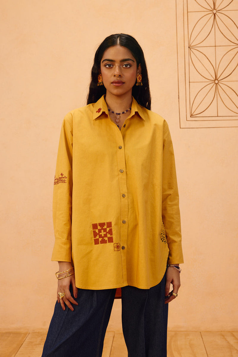 Golden Patterns Organic Cotton Shirt poplin top/shirt by SUI in mustard for women in Singapore