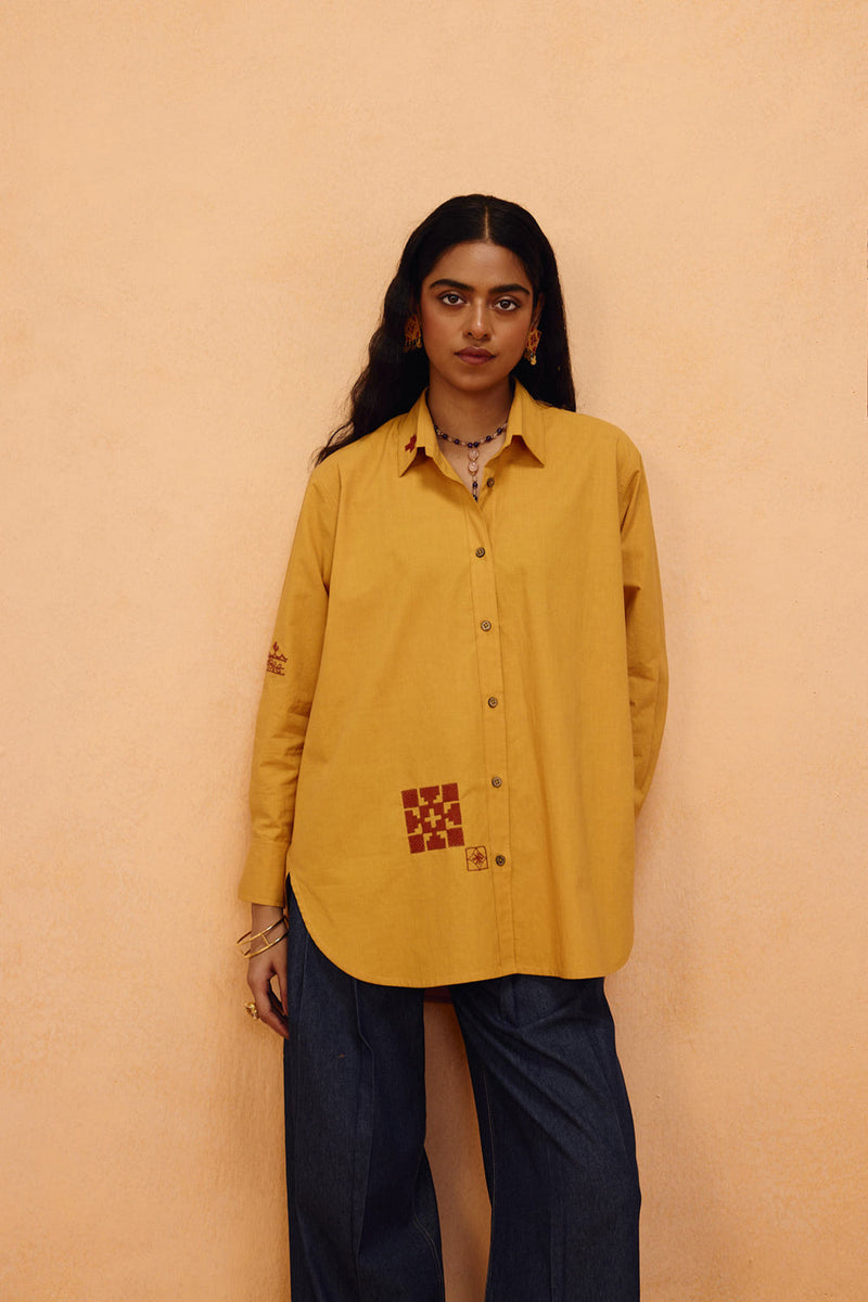 Golden Patterns Organic Cotton Shirt poplin top/shirt by SUI in mustard for women in Singapore