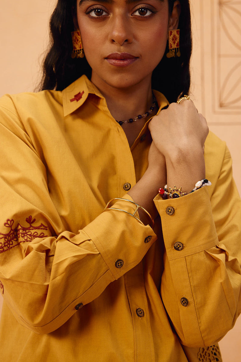 Golden Patterns Organic Cotton Shirt poplin top/shirt by SUI in mustard for women in Singapore