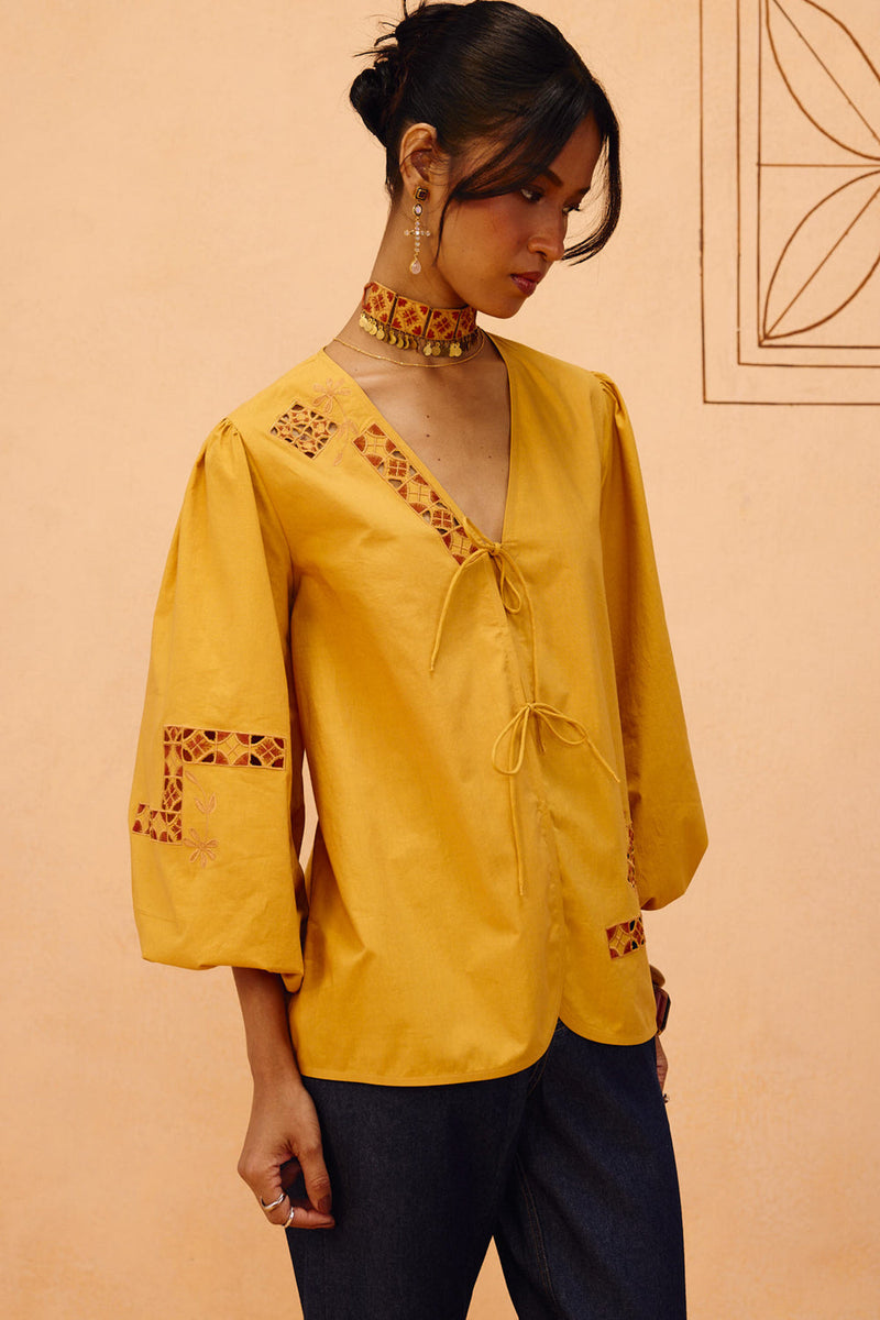 Golden Roots Organic Cotton Top poplin top/shirt by SUI in mustard for women in Singapore
