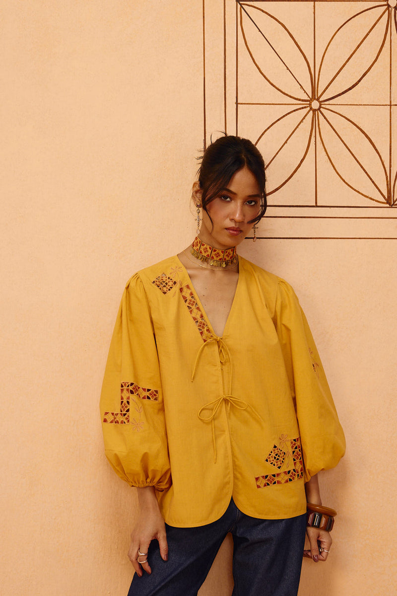 Golden Roots Organic Cotton Top poplin top/shirt by SUI in mustard for women in Singapore