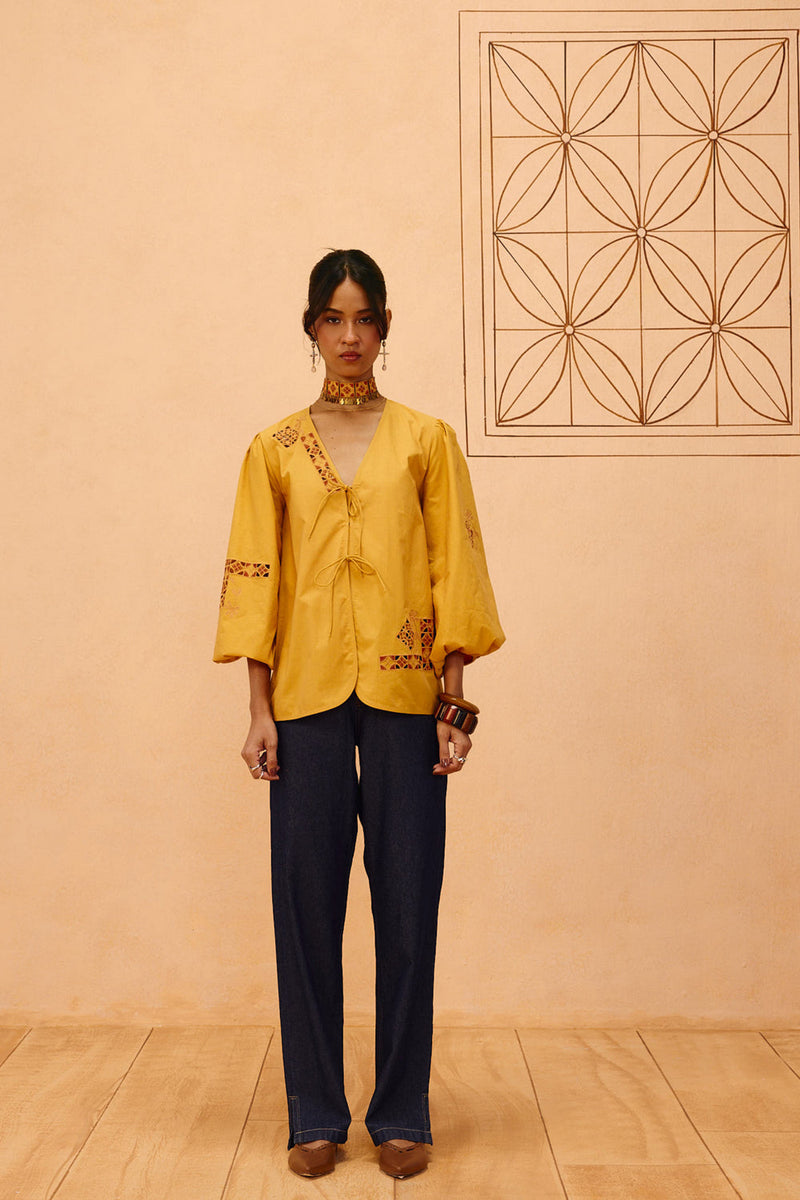 Golden Roots Organic Cotton Top poplin top/shirt by SUI in mustard for women in Singapore