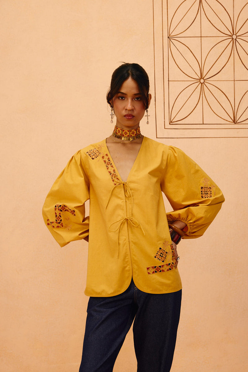 Golden Roots Organic Cotton Top poplin top/shirt by SUI in mustard for women in Singapore