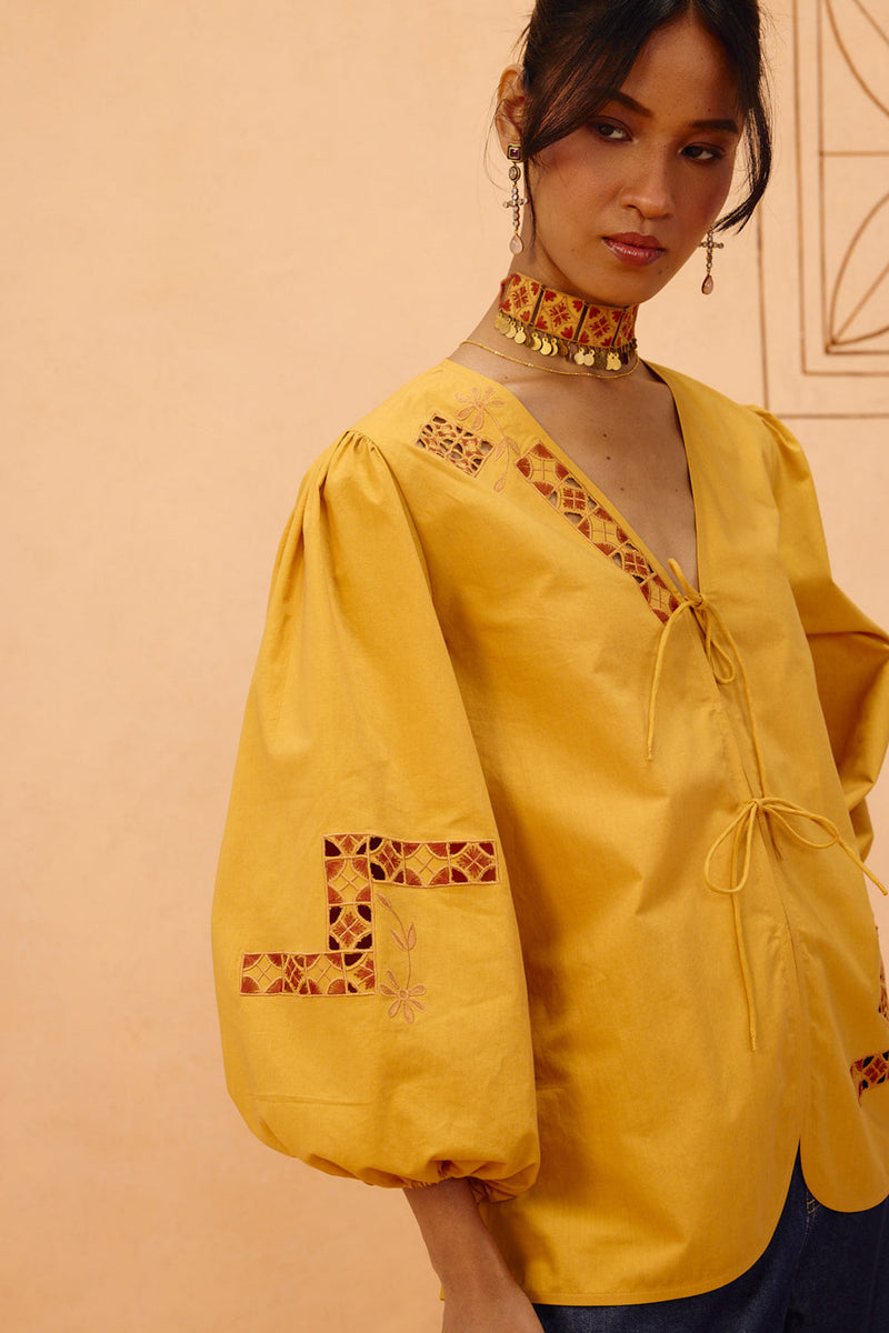 Golden Roots Organic Cotton Top poplin top/shirt by SUI in mustard for women in Singapore
