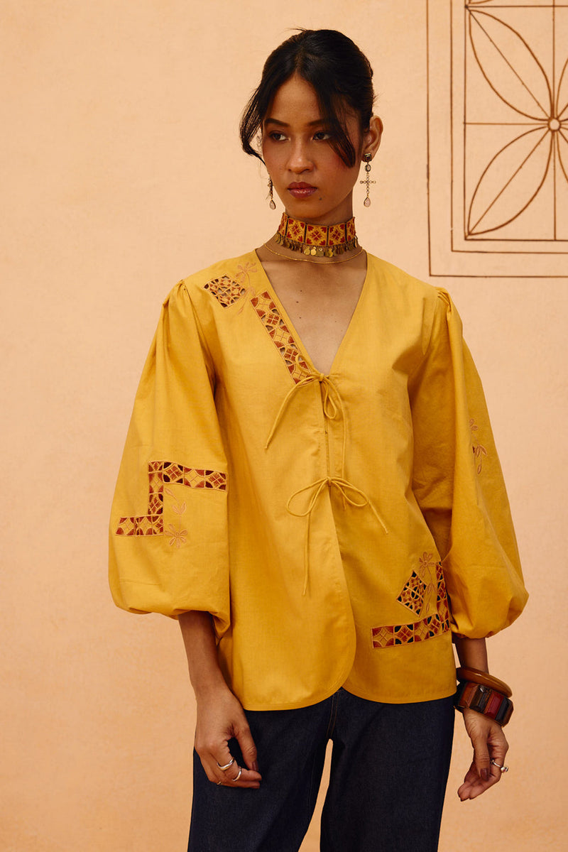 Golden Roots Organic Cotton Top poplin top/shirt by SUI in mustard for women in Singapore