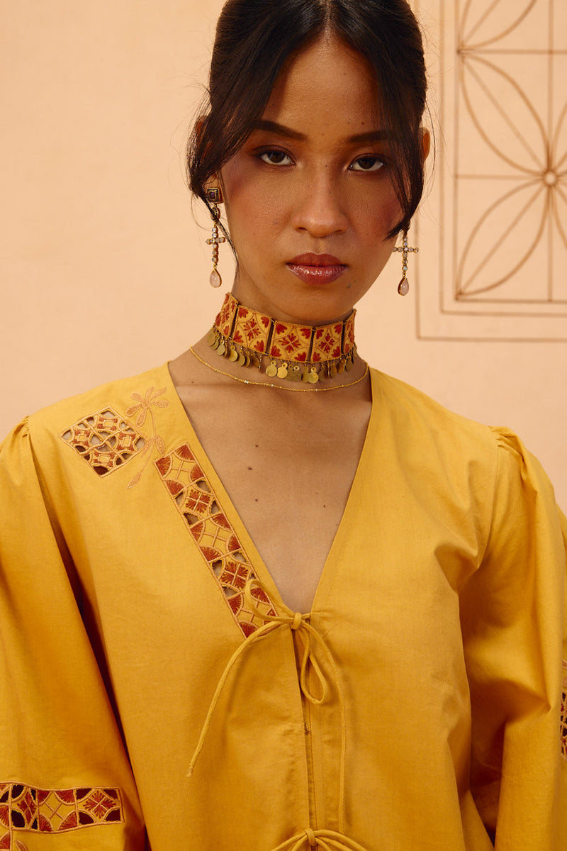 Golden Roots Organic Cotton Top poplin top/shirt by SUI in mustard for women in Singapore