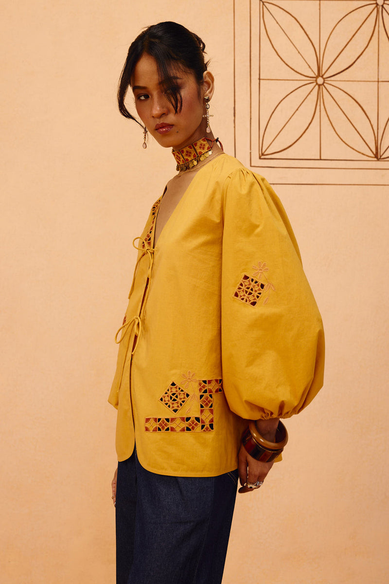 Golden Roots Organic Cotton Top poplin top/shirt by SUI in mustard for women in Singapore