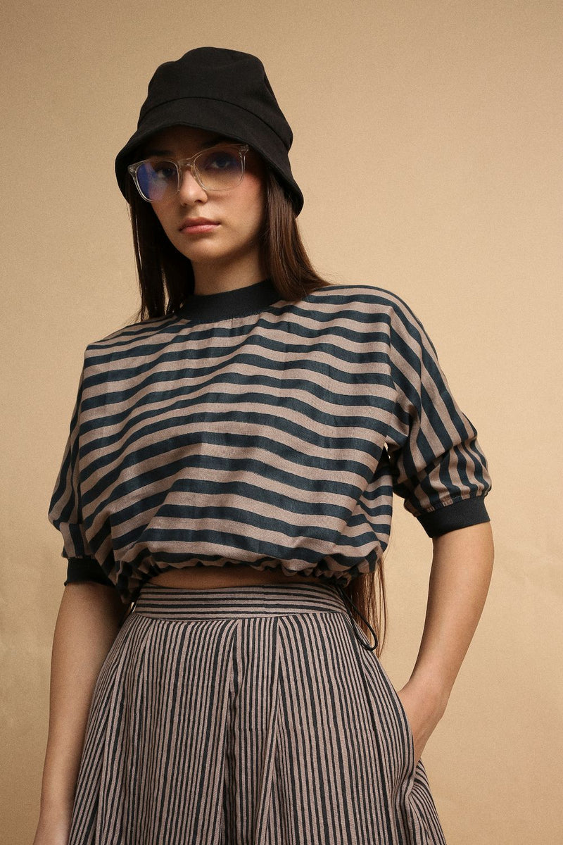 Gray Med Striped New Sphara Crop Top 100% cotton by Mati in gray color for women in Singapore