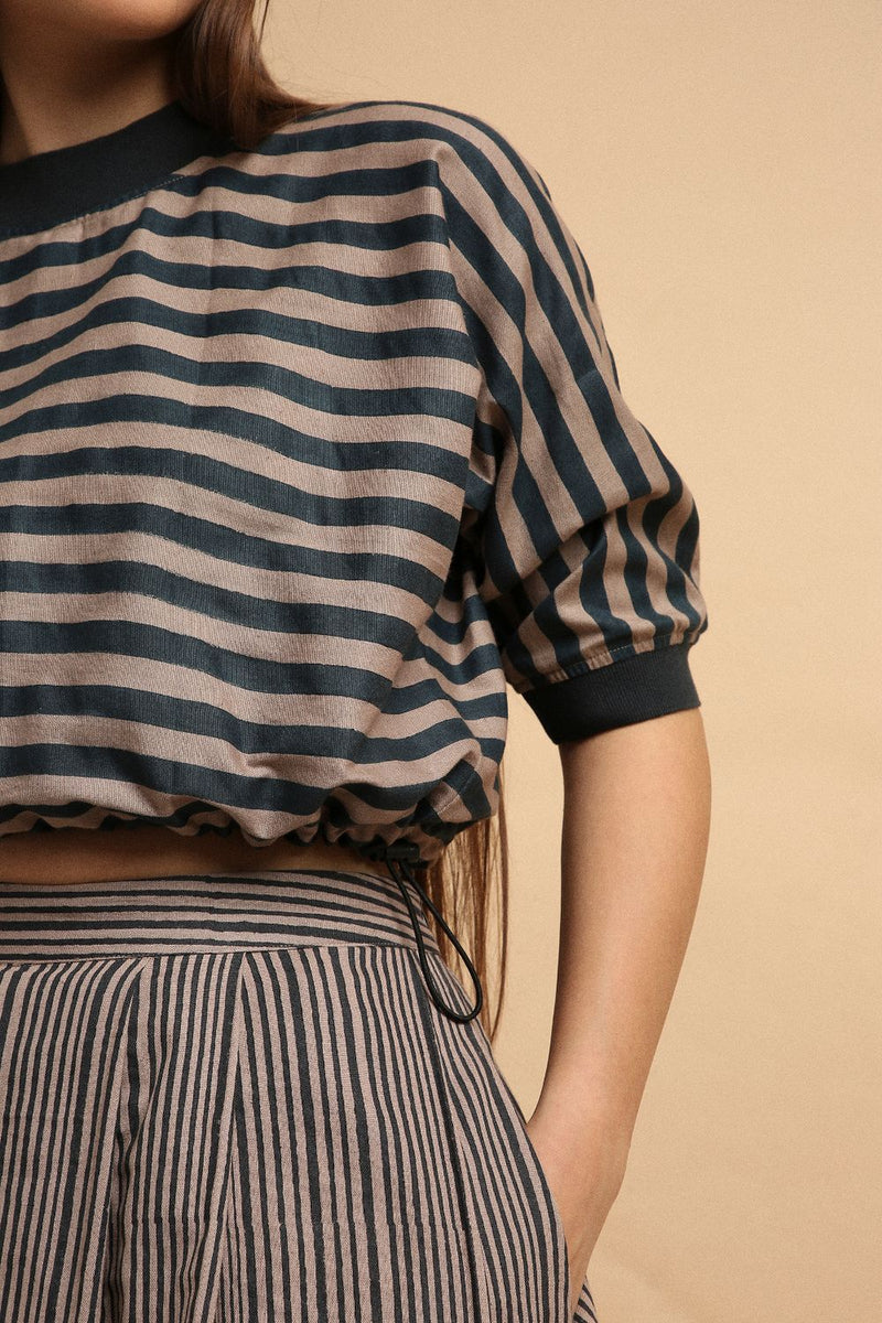 Gray Med Striped New Sphara Crop Top 100% cotton by Mati in gray color for women in Singapore