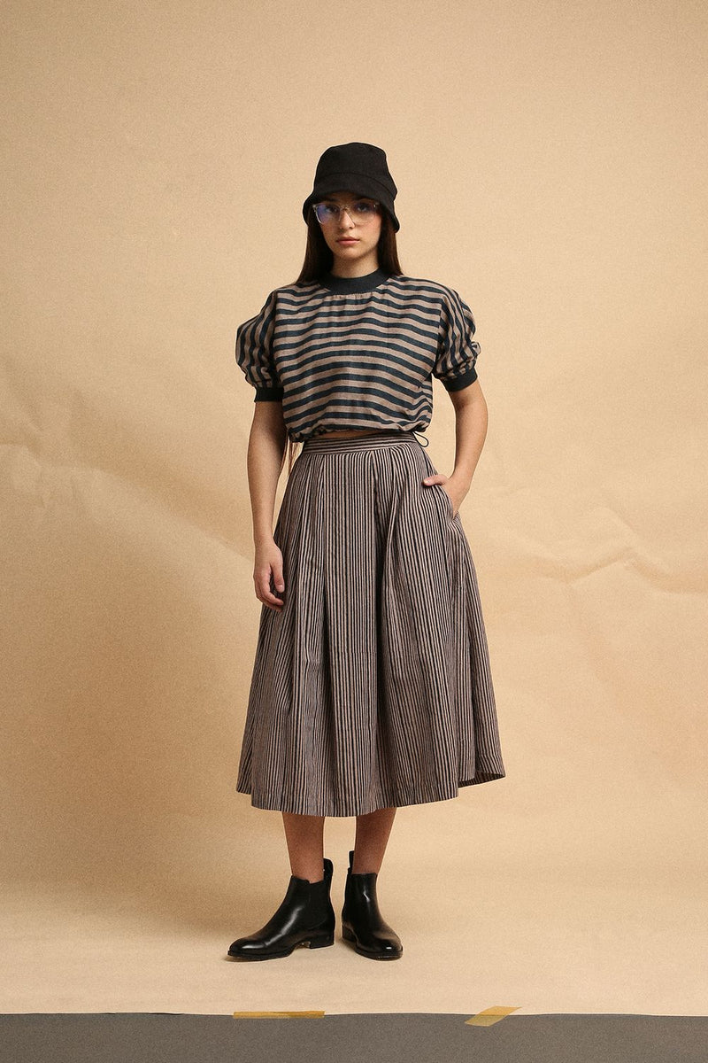Gray Med Striped New Sphara Crop Top & Skirt Co-Ord Set (2 PCS) 100% cotton by Mati in gray color for women in Singapore