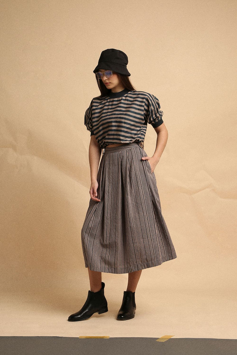 Gray Med Striped New Sphara Crop Top & Skirt Co-Ord Set (2 PCS) 100% cotton by Mati in gray color for women in Singapore