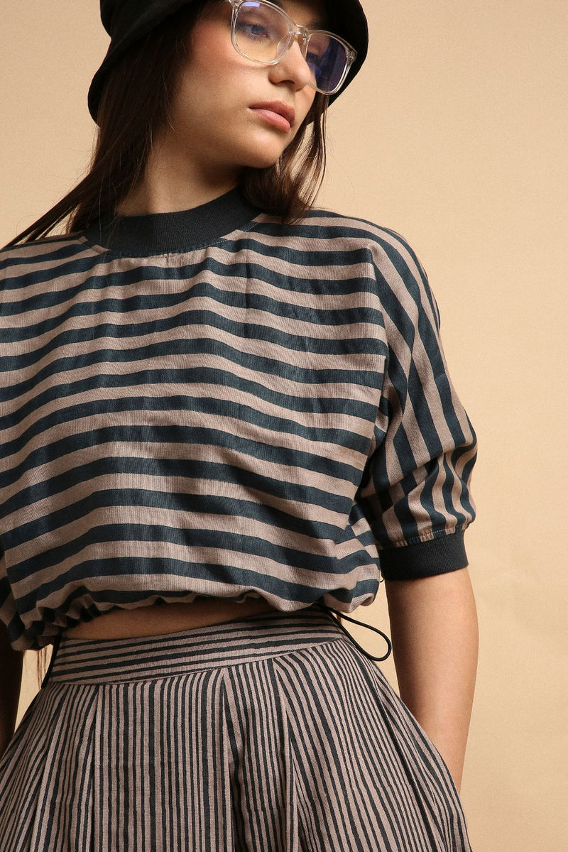 Gray Med Striped New Sphara Crop Top & Skirt Co-Ord Set (2 PCS) 100% cotton by Mati in gray color for women in Singapore
