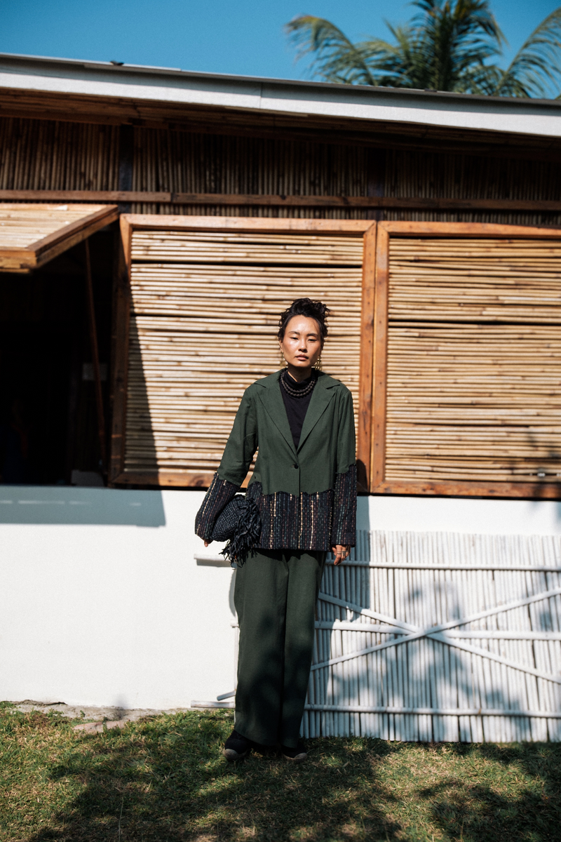 Upcycled Handwoven Sailor Flared Pants - Green cotton by The Terra Tribe in green color for women in Singapore