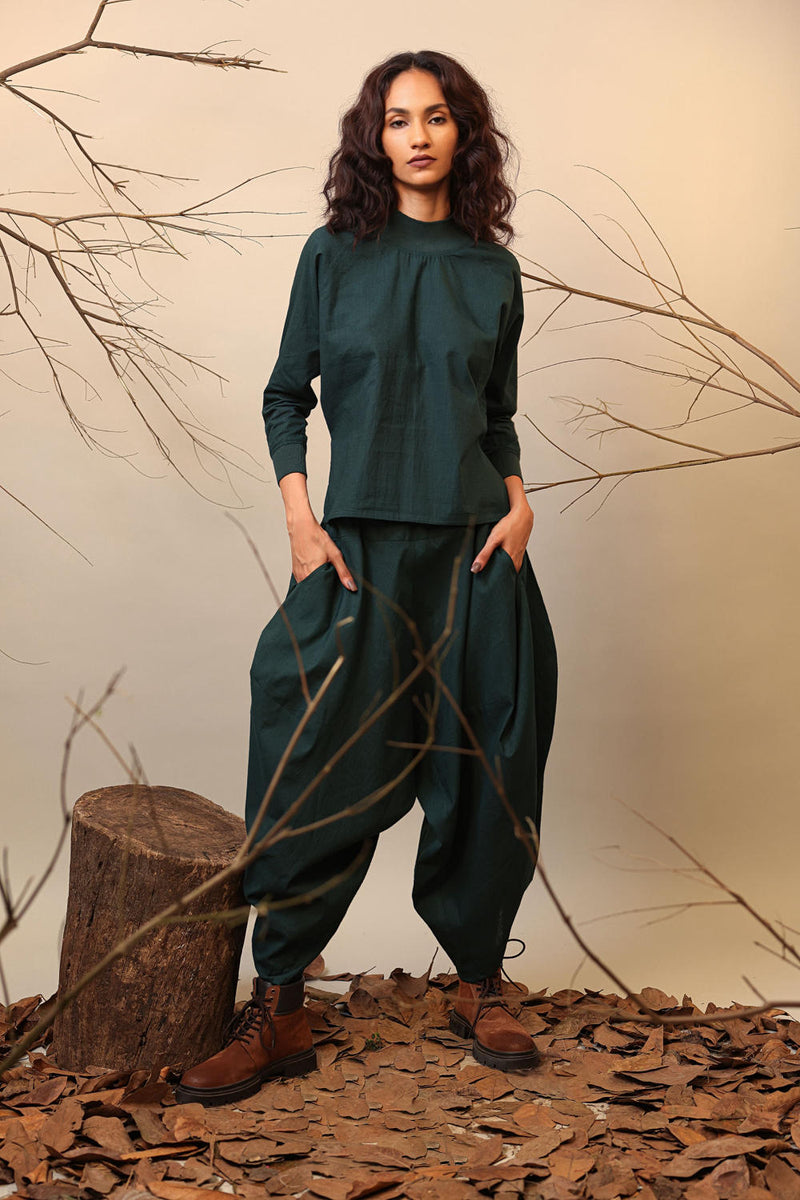 Green Balloon Pants 100% cotton by Mati in green color for women in Singapore