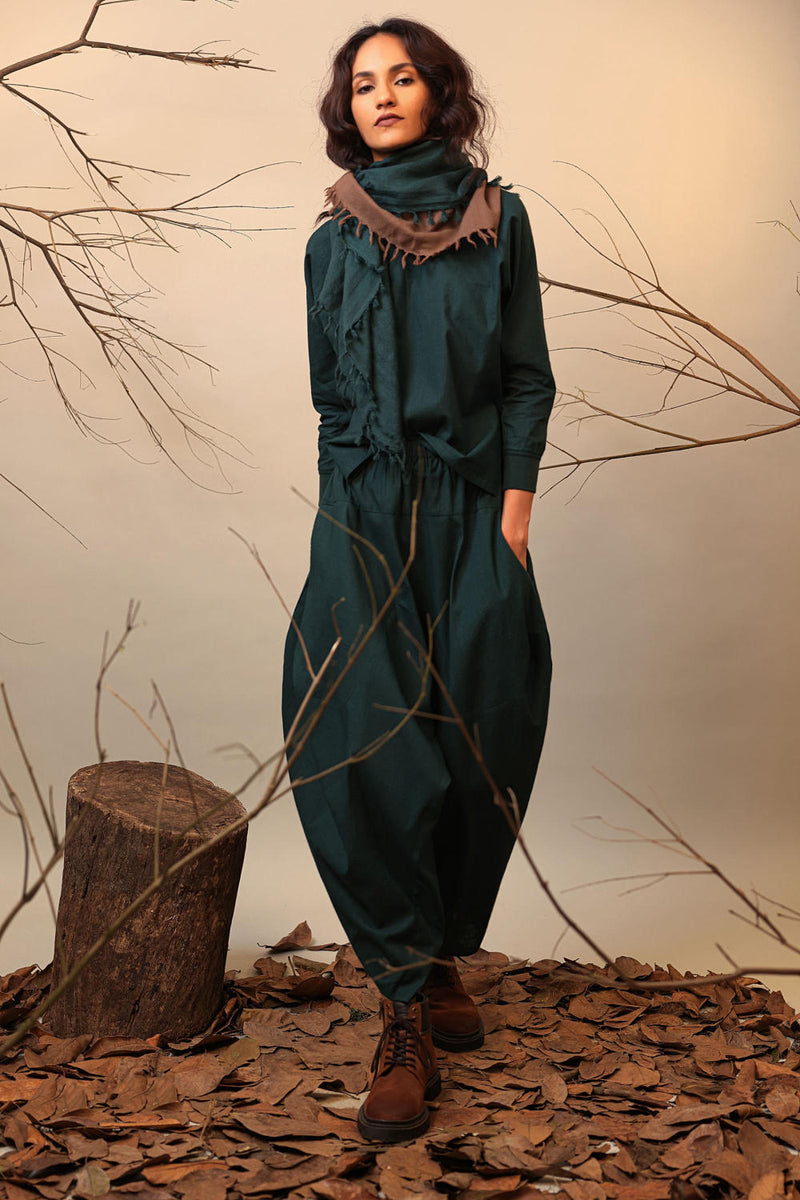 Green Balloon Pants 100% cotton by Mati in green color for women in Singapore