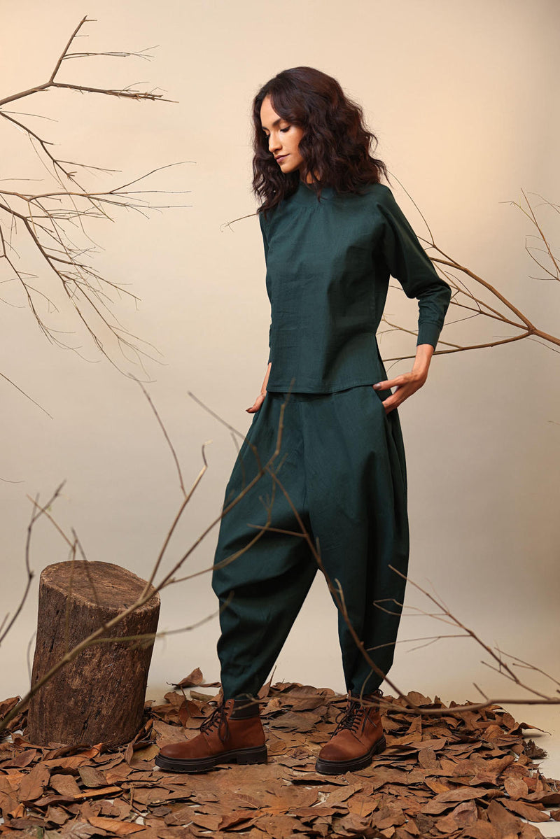 Green Balloon Pants 100% cotton by Mati in green color for women in Singapore