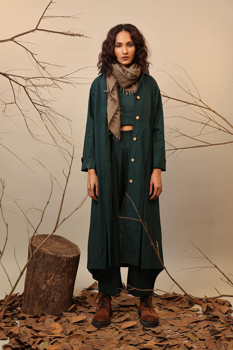 Green Cali Trench Jacket 100% cotton by Mati in green color for women in Singapore