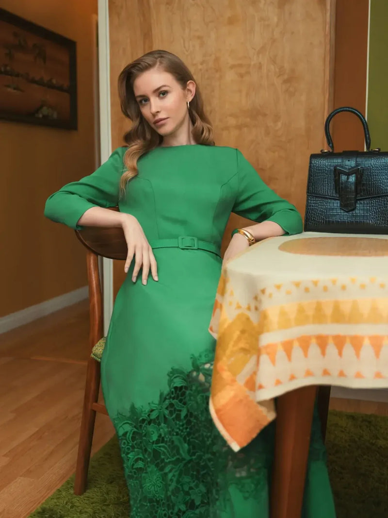 Green Crepe Boat Neck Midi Dress With Applique Cut Out by Mac Duggal in green color for women in Singapore