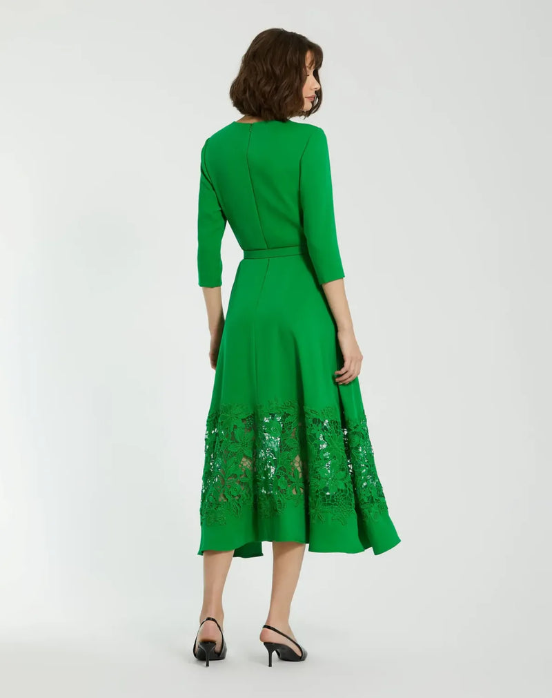 Green Crepe Boat Neck Midi Dress With Applique Cut Out by Mac Duggal in green color for women in Singapore